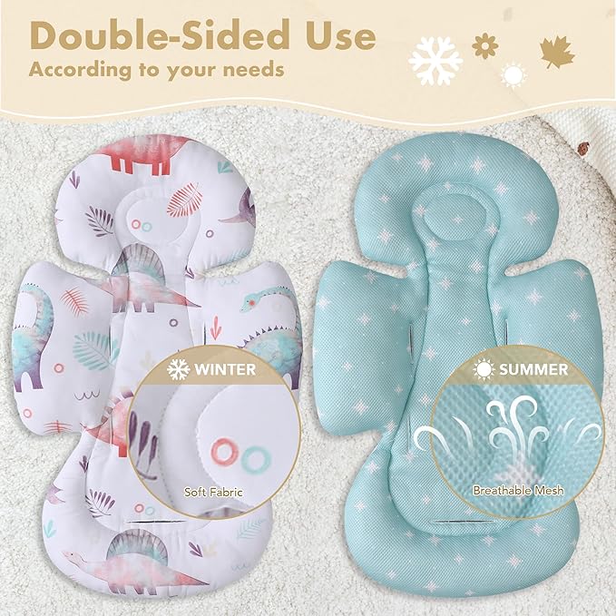 Infant Car Seat Insert, 2-in-1 Head & Body Carseat Support for Baby Newborn Toddler with Strap Covers, Reversible Ultra-Soft Cushion for Baby Carseat, Stroller, Swing & Bouncer-BubblyBeeBaby