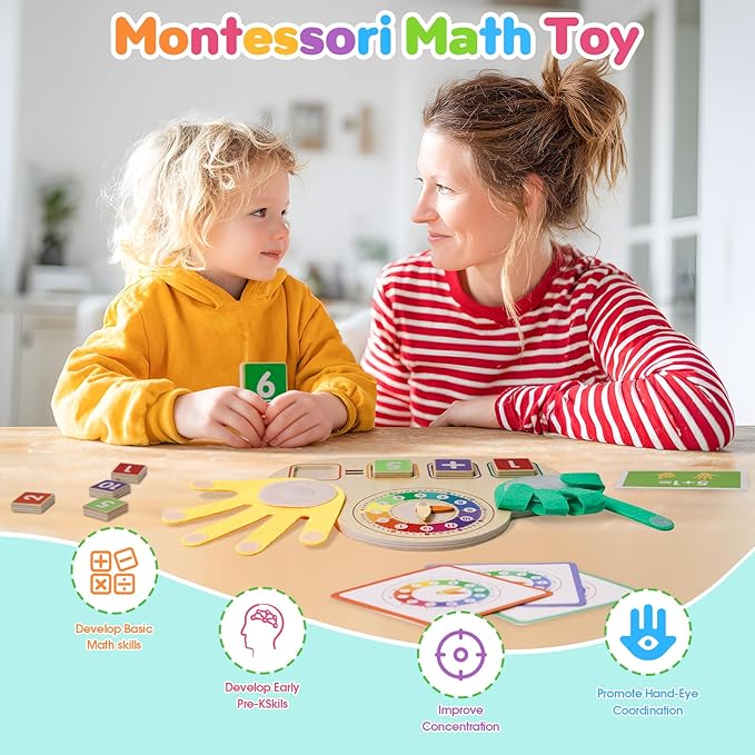 Montessori Learning Toys for Toddlers 3 4 5 years, Finger Counting Number Blocks and Clock Wooden Toys for Kids, Educational Math manipulatives Toys, Preschool Wood Homeschool Educational Math Toy.-BubblyBeeBaby