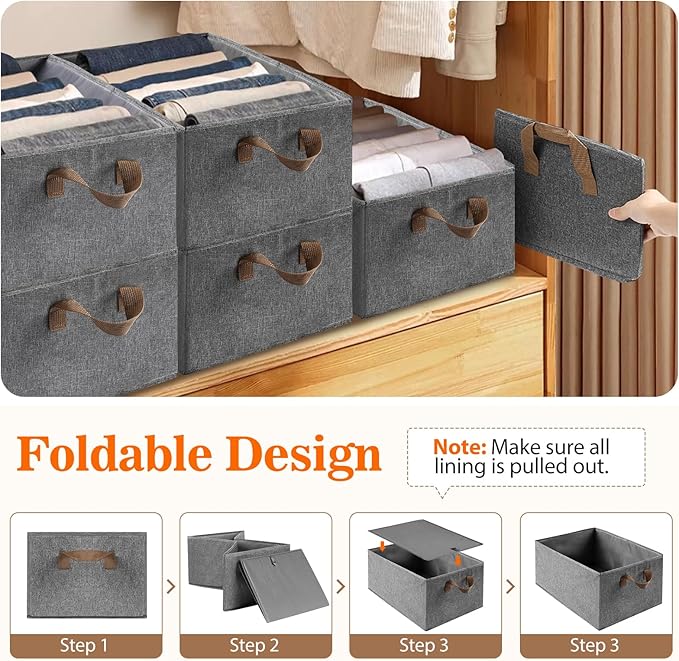 10 Pack Large Capacity Storage Bins, 25L Fabric Closet Organizer With Handles, Collapsible Baskets for Shelves, Clothing, Sheets, Books, Toys (Gray)-BubblyBeeBaby