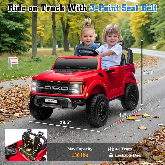24V Ride on Car Licensed Ford F-150 Raptor, Kids Electric Car with Remote Control, LED Light/Music/MP3, Truck Bed Storage, 3-Point Seat Belt (24V, Red)-BubblyBeeBaby
