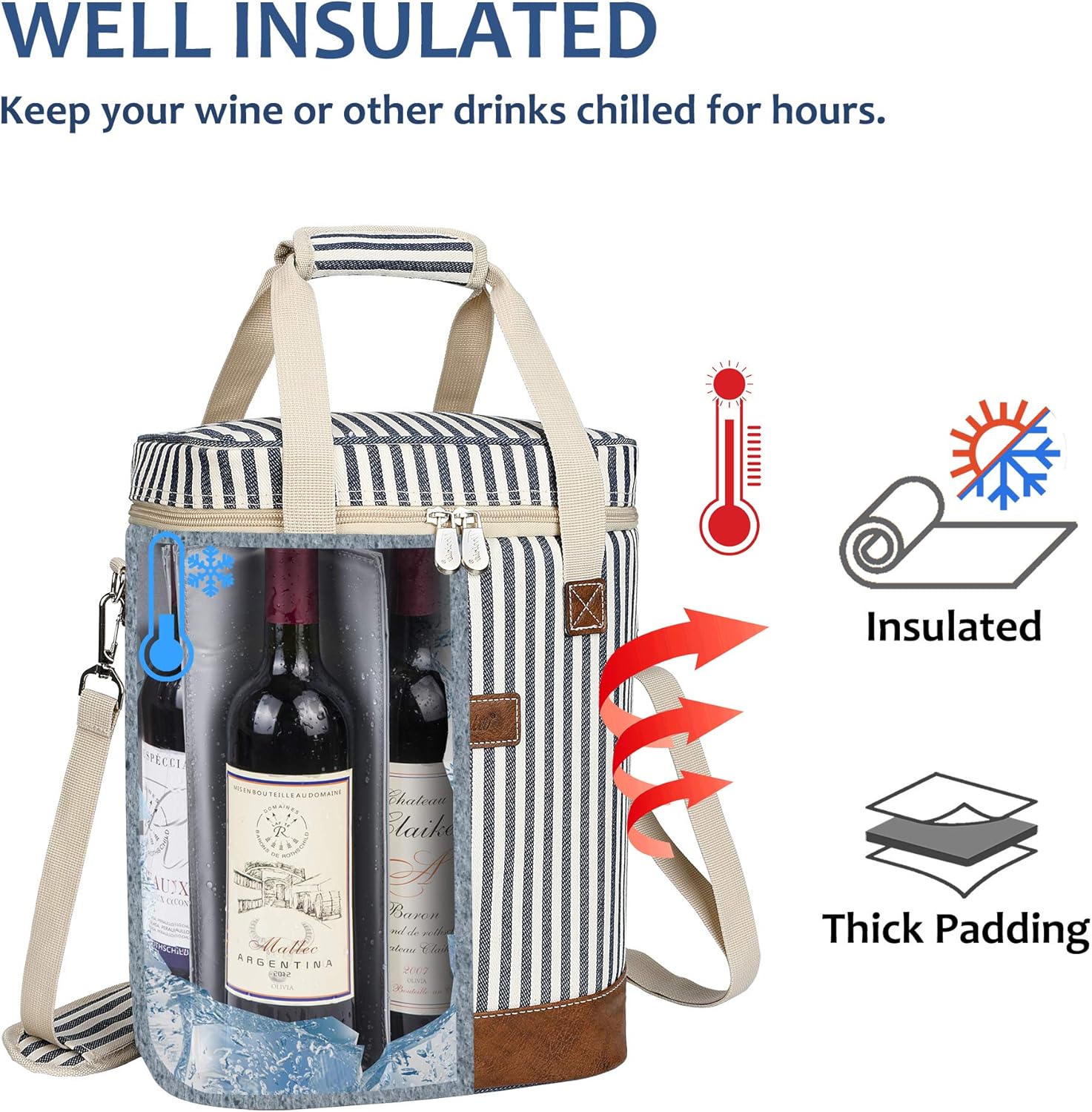 Tirrinia 6 Bottle Wine Cooler Bag - Blue Stripe, Padded & Thermal Insulated, Leakproof, Multi-Use, On-The-Go Design