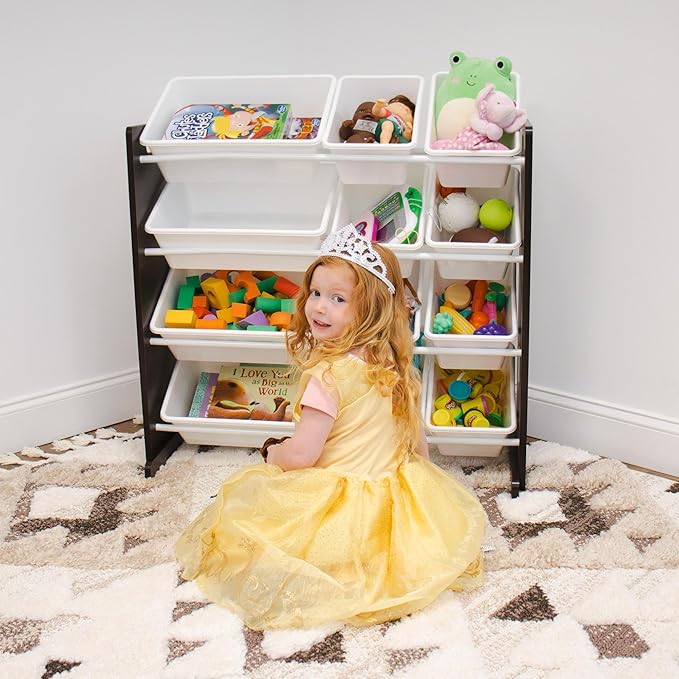 Humble Crew Kids Toy Storage Organizer with 12 Plastic Bins, Espresso/White – Removable Bins for Playroom, Bedroom, Toddler Furniture for Boys and Girls Ages-BubblyBeeBaby