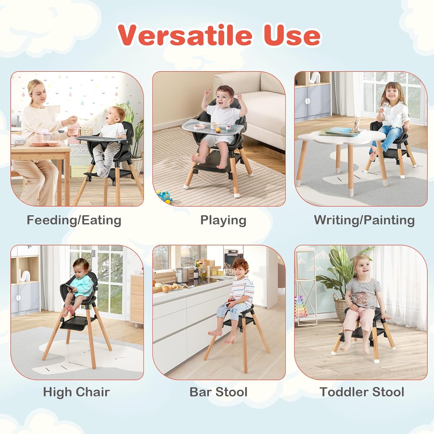 HONEY JOY Baby High Chair, 6 In 1 Convertible Wooden Highchair for Babies and Toddlers/Toddler Chair/Bar Stool, Removable Double Tray & Reversible Footrest, Safety Harness for Infant Boys Girls(Black)