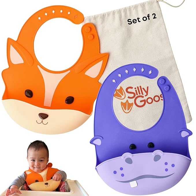 Silly Goose Set of 2 Silicone Baby Bibs, for Babies and Toddlers, Waterproof, Adjustable, Soft, Extra Wide Food Catcher Pocket, Animals (2PK Fox+Hippo)-BubblyBeeBaby