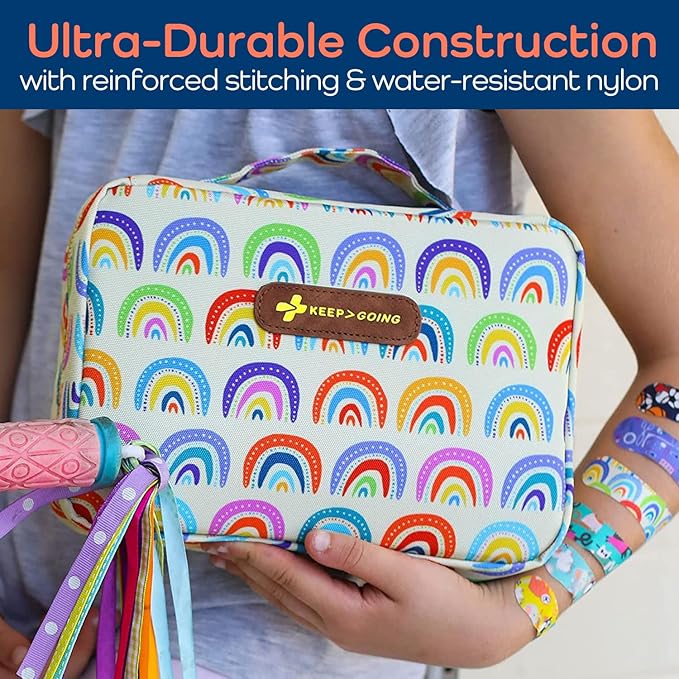 KeepGoing Large Home First Aid Kit for Kids – 270 Pc. for Car, Home, Dorm, & Boat with Latex-Free Bandages – 10 x 7 x 3.5 in. Travel First Aid Kit (Sunny Rainbow)-BubblyBeeBaby