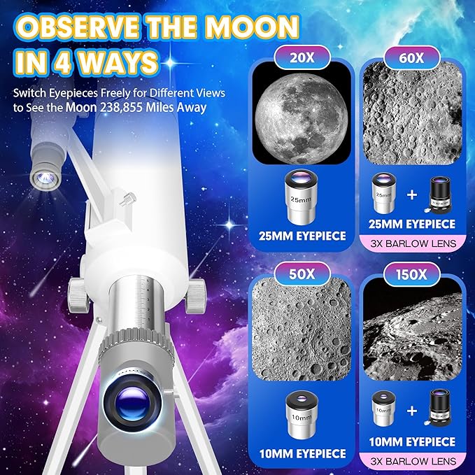 Hawkko Telescope for Adults & Kids – 80mm Aperture 500mm Telescopes for Adults Astronomy, (20X-150X) Portable Refractor Telescope Kit for Beginners with Decorate Stickers, AZ Tripod, Phone Adapter-BubblyBeeBaby
