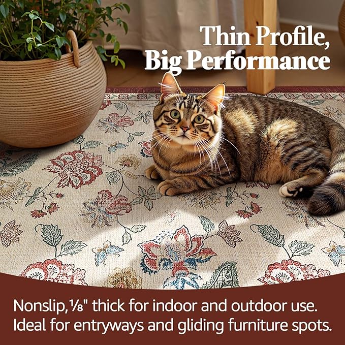 jinchan 3x10 Floral Runner Rug for Hallway Washable Kitchen Runner Vintage Romance Design Non Slip Thin Indoor Floor Cover Low-Profile Throw Carpet for Entryway Bathroom Bedroom Porch, Red/Beige-BubblyBeeBaby