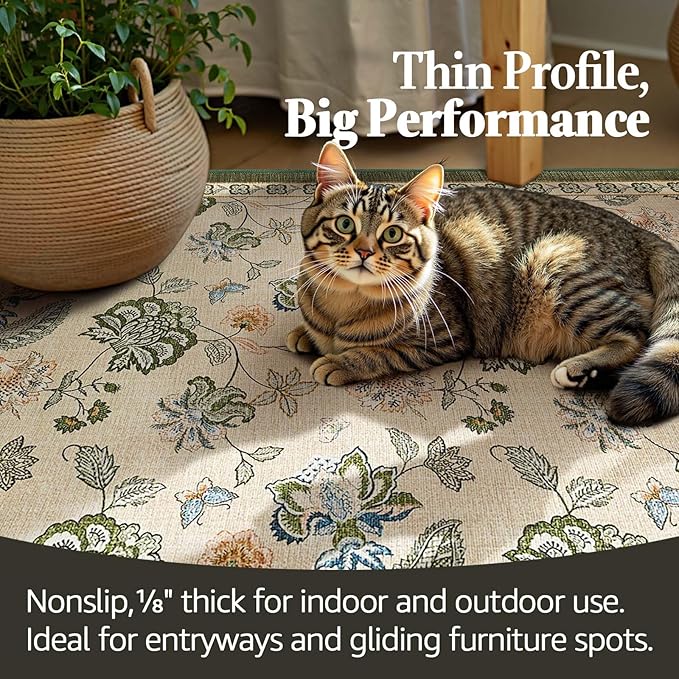 jinchan 8x10 Floral Rug for Living Room Washable Bedroom Rug Vintage Romance Design Non Slip Thin Indoor Floor Cover Large Low-Profile Throw Carpet for Dining Room Office, Green/Beige-BubblyBeeBaby