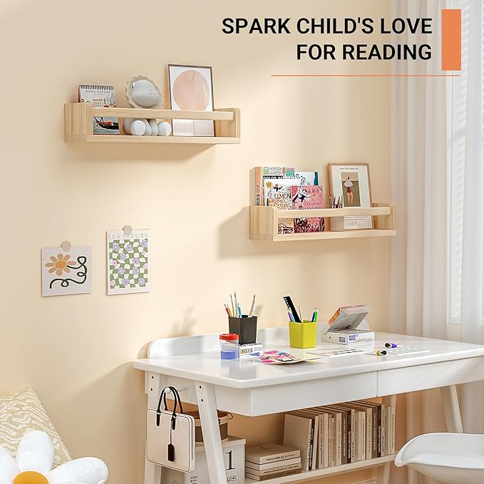 Heimlove Nursery Floating Shelves, Wood Nursery Book Shelves for Wall, 16 inch Wall Bookshelf for Kids Solid Wood Wall Mounted Shelves for Books,Toys and Decor Storage, Set of 3-BubblyBeeBaby