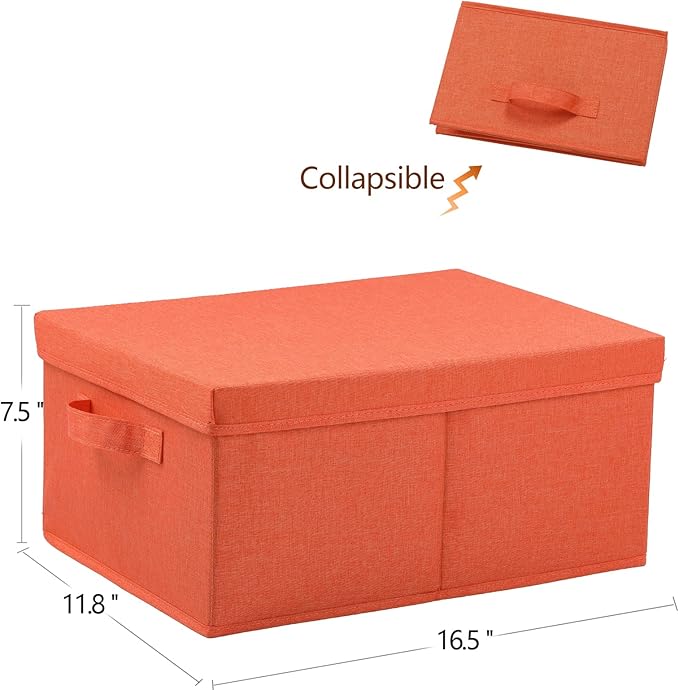 HOONEX Storage Bins with Lids for Organizing, Pack of 2, Storage Boxes with 2 Carrying Handles and Sturdy Heavy Cardboard, 16.5" L x 11.8" W x 7.5" H for Shoes, Books, Clothes, Nursery, Orange-BubblyBeeBaby