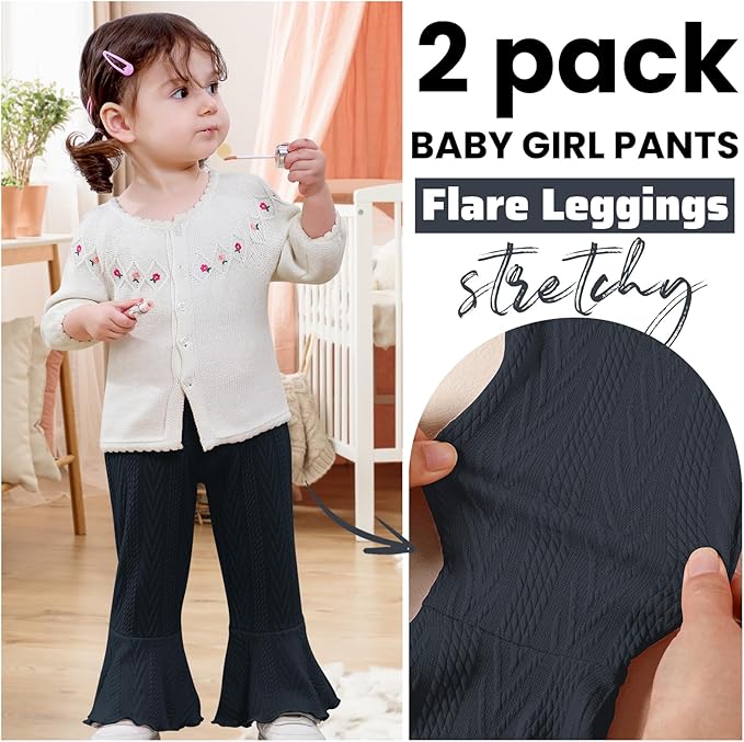 2 Pack Toddler Baby Girl Pants Flare Leggings Ribbed Knit Newborn Bell Bottoms Solid Ruffle Infant Pants for Girls-BubblyBeeBaby