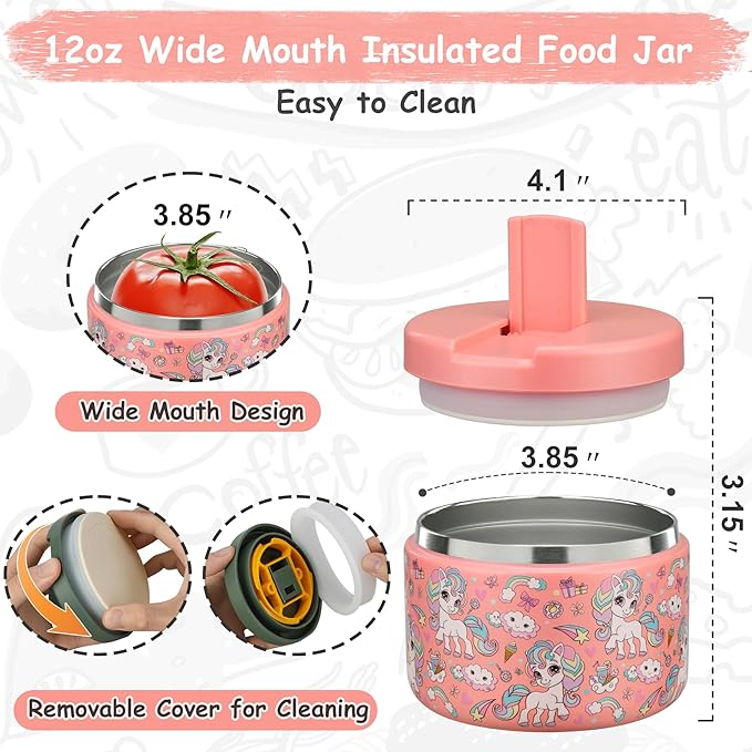 12oz Insulated Vacuum Food Jar with Buckle Lid Wide Mouth Soup Thermo for Hot Food Kids Leakproof Stainless Steel Lunch Container (Pink-Horse)-BubblyBeeBaby