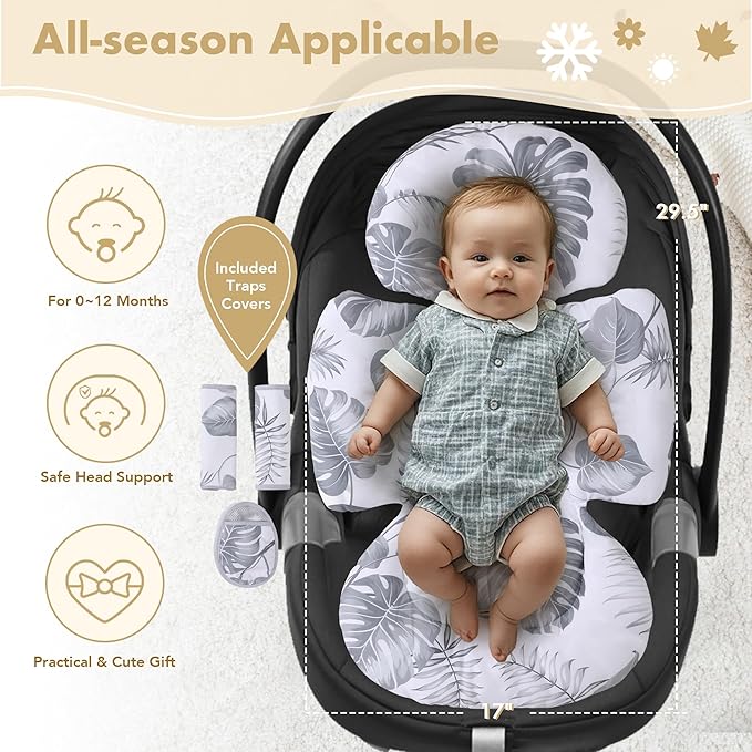 Infant Car Seat Insert, 2-in-1 Head & Body Carseat Support for Baby Newborn Toddler with Strap Covers, Reversible Ultra-Soft Cushion for Baby Carseat, Stroller, Swing & Bouncer-BubblyBeeBaby