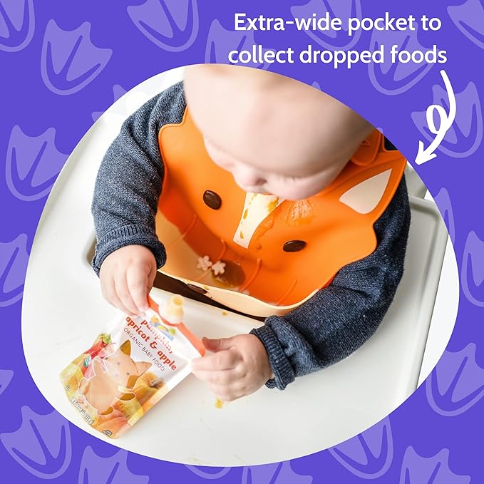 Silly Goose Set of 2 Silicone Animal Baby Bibs for Babies and Toddlers, Waterproof, Adjustable, Soft, Extra Wide Food Catcher Pocket (2PK Fox+Bear)-BubblyBeeBaby