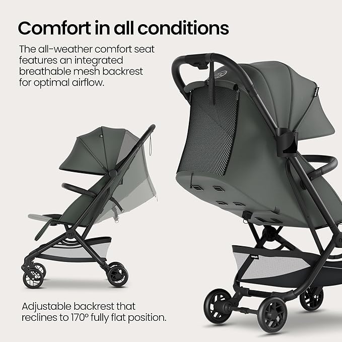 Mompush Velo Lightweight Travel Stroller – One-Hand Fold, Ultra-Compact & Airplane Friendly, Lie-Flat Recline Seat (from Birth to 50 lbs), Includes Cup Holder, Shoulder Strap, and Leather Bumper Bar-BubblyBeeBaby