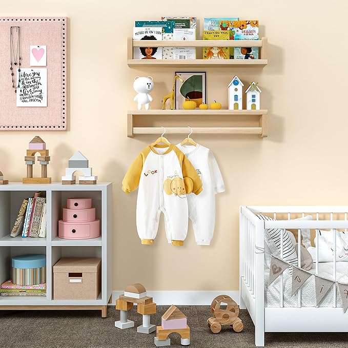 Heimlove Nursery Floating Shelves, Wood Nursery Book Shelves for Wall, 16 inch Wall Bookshelf for Kids Solid Wood Wall Mounted Shelves for Books,Toys and Decor Storage, Set of 2-BubblyBeeBaby