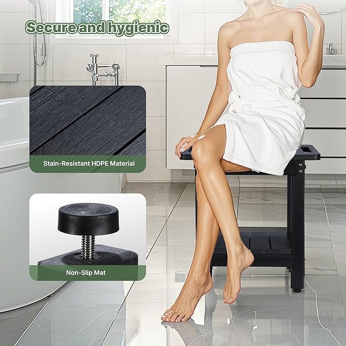 HDPE Shower Bench Seat Capacity 300LB, Waterproof Bathroom Stool with Side Carry Holes, Compact 16.8" L Design, Non-Slip Shower Seat for Elderly, Shaving Legs & Spa - Indoor/Outdoor Use(Black)-BubblyBeeBaby