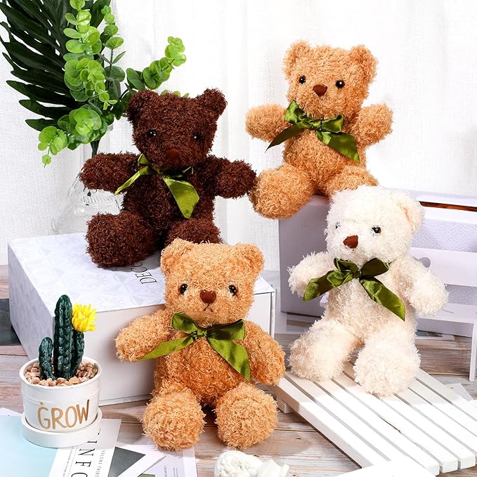 HyDren 12 Pack Bear Stuffed Animals 10 Inch Operation Christmas Bulk Items Small Bear Party Favors Plush Toys for Baby Shower Centerpiece Christmas Birthday Gifts(White, Light Brown, Dark Brown)-BubblyBeeBaby