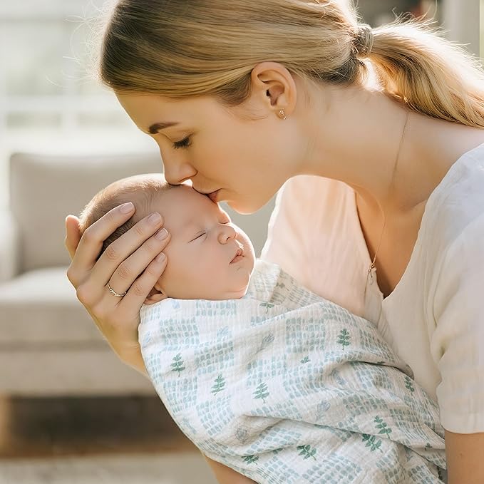 Muslin Swaddle Blankets for Newborn, 3 Pack Breathable Soft Receiving Blanket, Large 38 x 40 inches Swaddle Wrap Burping Clothes Diapers, Essentials Infant Shower Items, Toddler Gift (Blue Dinosaur)-BubblyBeeBaby