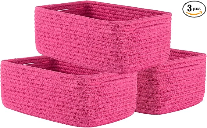 KALLAX Small Woven Basket, 12 x 8 x 4.5 Inches, Storage Basket for Organizing, Cute Small Rope Shelf Closet Cube Storage Bins Baskets for Shelves, Dog Toy Gift Baskets Empty, 3 Packs, Hot Pink-BubblyBeeBaby