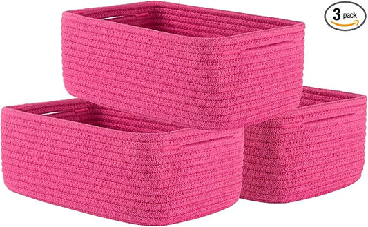 KALLAX Small Woven Basket, 12 x 8 x 4.5 Inches, Storage Basket for Organizing, Cute Small Rope Shelf Closet Cube Storage Bins Baskets for Shelves, Dog Toy Gift Baskets Empty, 3 Packs, Hot Pink-BubblyBeeBaby