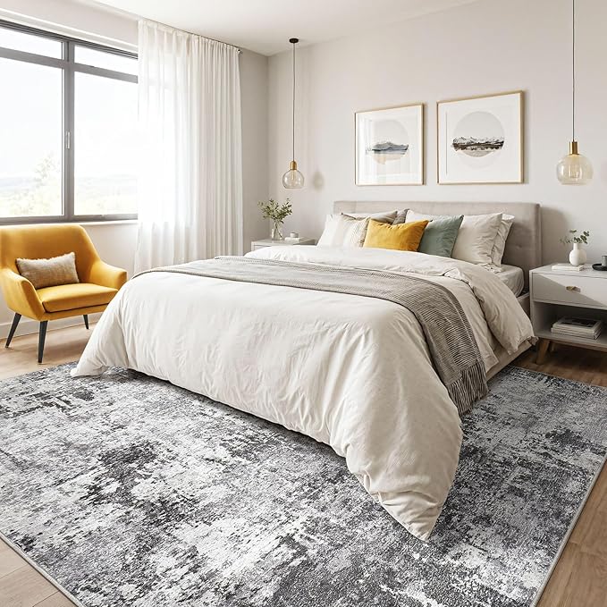 10x14 Area Rugs Living Room: Washable Large Abstract Modern Soft Rug Stain Resistant Indoor Floor Non Slip Accent Carpet for Bedroom Nursery Playroom Office Dining Room Dorm Home House- Black Grey-BubblyBeeBaby