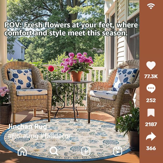 jinchan 8ft Floral Round Rug for Dining Room Washable Living Room Rug Vintage Romance Design Non Slip Indoor Floor Cover Lightweight Low-Profile Throw Carpet for Bedroom Porch Patio, Blue/Beige-BubblyBeeBaby