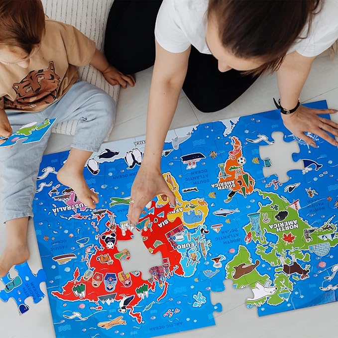 Jumbo Floor Puzzle for Kids,World Map Jigsaw Geography Puzzles,48 Piece Globe Atlas Puzzle with Continents,United States Puzzle for Ages 3-5,Preschool Learning Toys Gift for 4-8 Years Old-BubblyBeeBaby