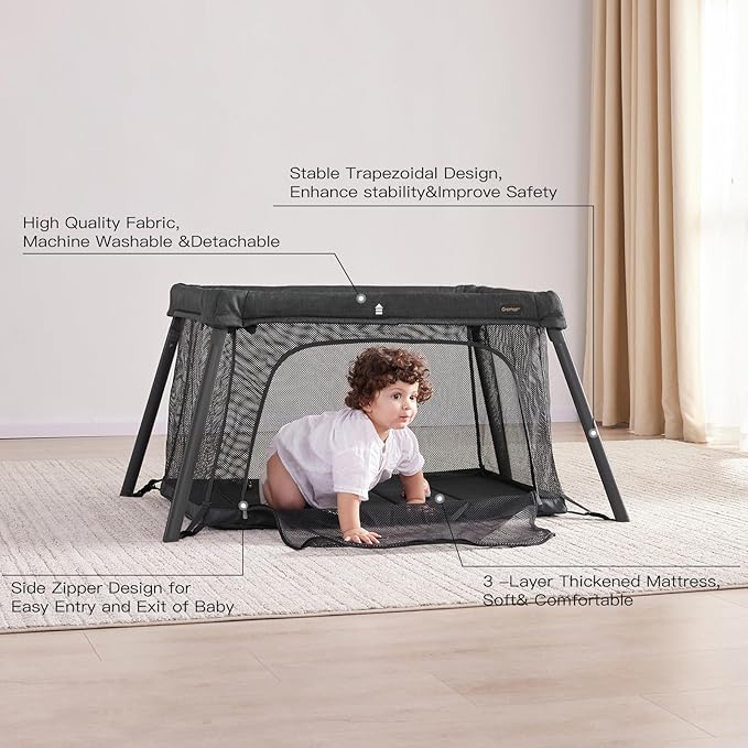 2 in 1 Portable Travel Crib for Toddler, Foldable Crib for Baby, Lightweight Playpen Collapsible Playard with Soft Mattress, Easy to Carry Baby Travel Bed for Outdoor, Indoor (Black)-BubblyBeeBaby