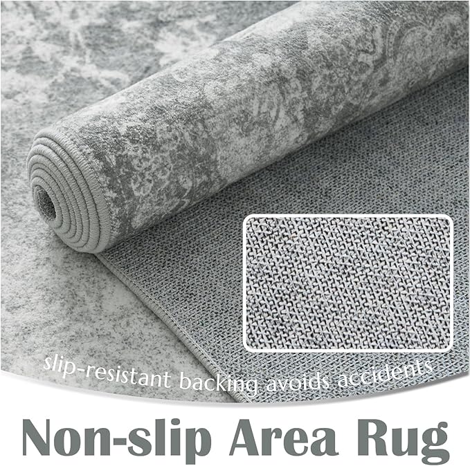 jinchan Floral 2x3 Rug for Entryway - Vintage Washable Area Rug Ultra-Thin Low Pile Soft Small Non-Slip Distressed Indoor Doormat Accent for Entrance Kitchen Bedroom Bathroom (2x3ft,Grey)-BubblyBeeBaby