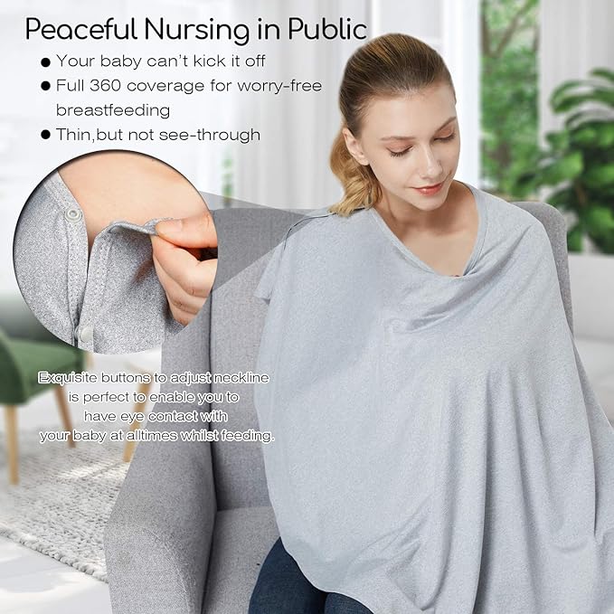 Nursing Cover & Baby Nursing Poncho,Multi Use Breastfeeding Cover for CarSeat Canopy, High Seat Cover, Stroller Cover, Shopping Cart Cover,Nursing Scarf for Boy and Girl by Kefee Kol (Grey)-BubblyBeeBaby