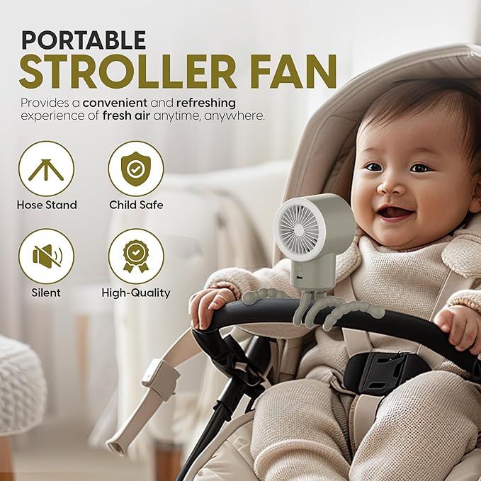 Portable Mini Travel Stroller Fan - Battery Operated, Clip On, Small, Handheld, Rotating, Rechargeable, Personal Fan with Flexible Tripod, 3 Speeds for Baby Crib, Bed Car, Seat Treadmill-BubblyBeeBaby