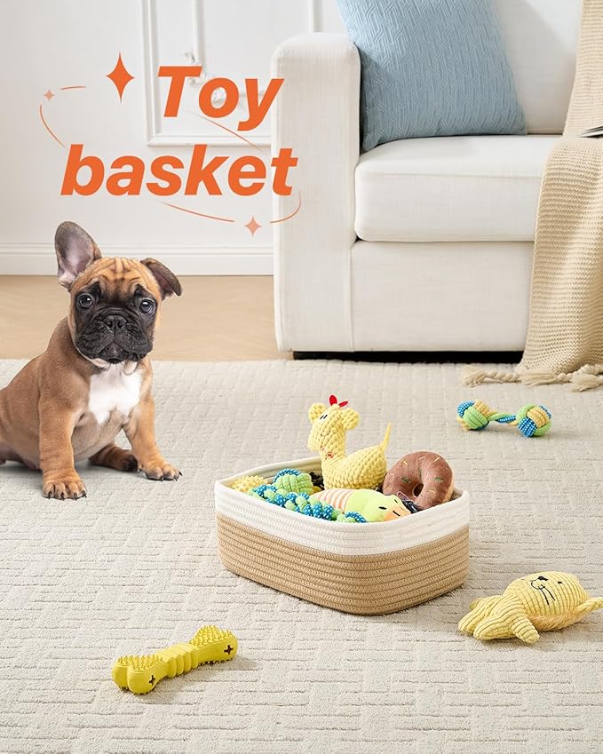 KALLAX Small Woven Basket, 12 x 8 x 4.5 Inches, Storage Basket for Organizing, Cute Small Rope Shelf Closet Cube Storage Bins Baskets for Shelves, Dog Toy Gift Baskets Empty, 3 Pack White & Brown-BubblyBeeBaby