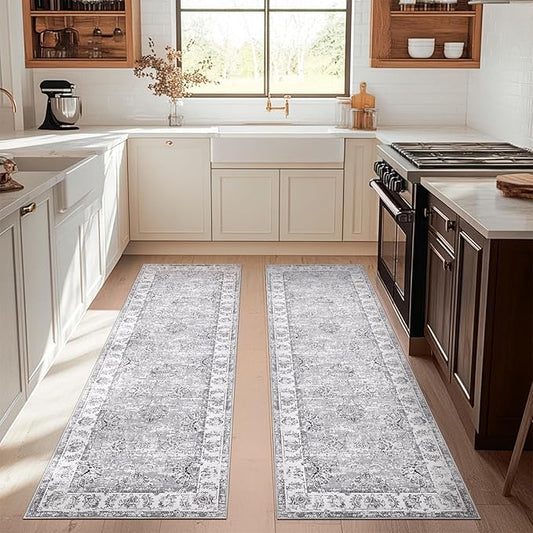 jinchan Runner Rug 3x8-2pcs Kitchen Washable Vintage Rug Hallway RugFloral Print Floor Cover Indoor Thin Retro Mat Accent for Bathroom Laundry Room Bedroom Office Farmhouse (Double,Grey)-BubblyBeeBaby