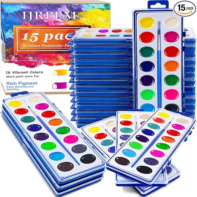 15 Pack Watercolor Paint Set for Kids, 16 Colors Washable Water Colors with Paint Brushes, Washable for Classroom Party Favor Art Activities-BubblyBeeBaby