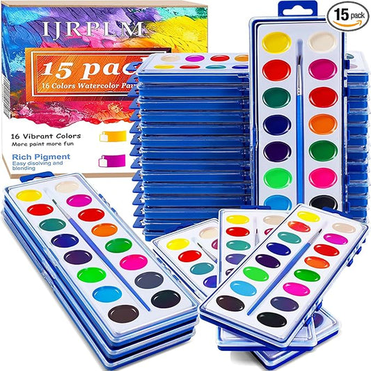 15 Pack Watercolor Paint Set for Kids, 16 Colors Washable Water Colors with Paint Brushes, Washable for Classroom Party Favor Art Activities-BubblyBeeBaby
