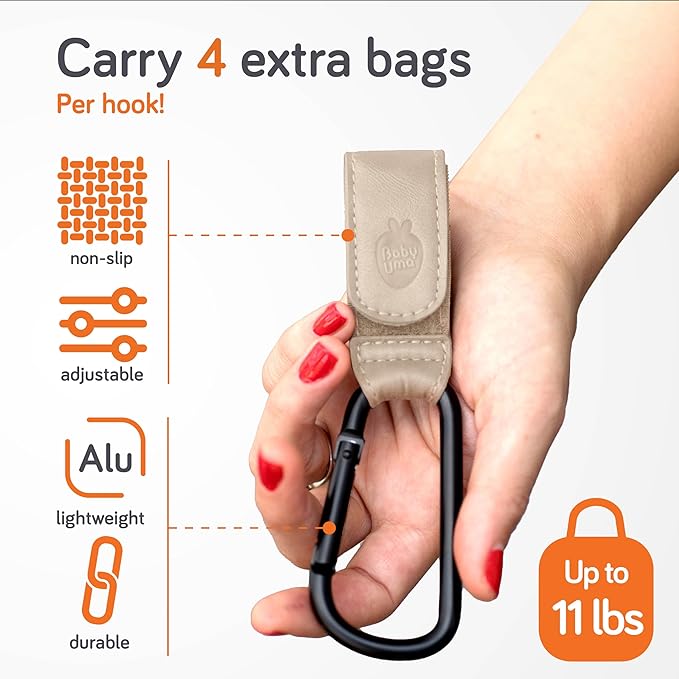 Baby Uma Stroller Hooks for Bags (2 Pack) - Leather-Style Stroller Clips and Hooks, Non-Slip Stroller Accessories, Carry 11 lbs Per Stroller Hook, Universal Baby Essentials & Stroller Accessories-BubblyBeeBaby