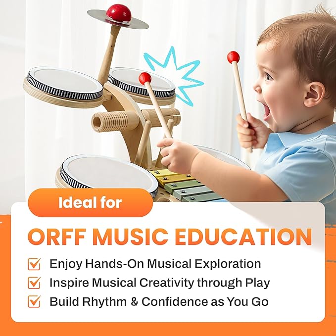 iPlay, iLearn Toddler Wooden Drum Set, Kids Musical Instruments Toy, 8 in 1 Percussion Drum Kit W/Xylophone Cymbal, Baby Montessori Learning Birthday Gifts for 18 Month, 2 3 4 5 6 Year Old Boy Girl-BubblyBeeBaby