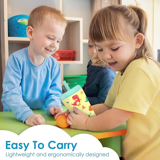 Kid Insulated Stainless Steel Tumbler with Silicone Straw, 12oz Sippy Cup for Kids (Playful Dinosaurs)-BubblyBeeBaby