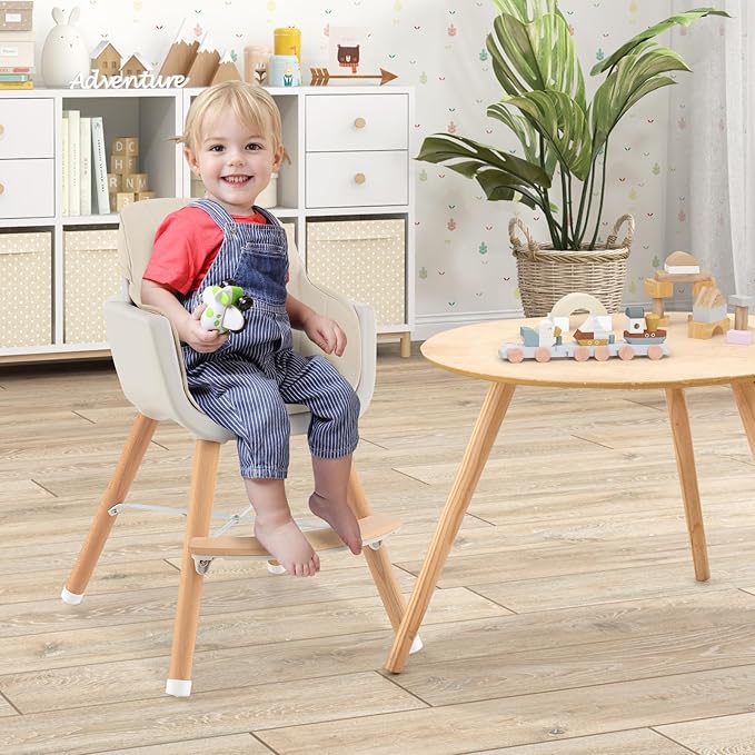 HONEY JOY High Chair, 3-in-1 Eat & Grow Wooden Highchair/Booster Seat/Toddler Chair with Removable Tray, 5-Point Harness, PU Cushion and Footrest for Baby, High Chair for Babies and Toddlers(Beige)-BubblyBeeBaby