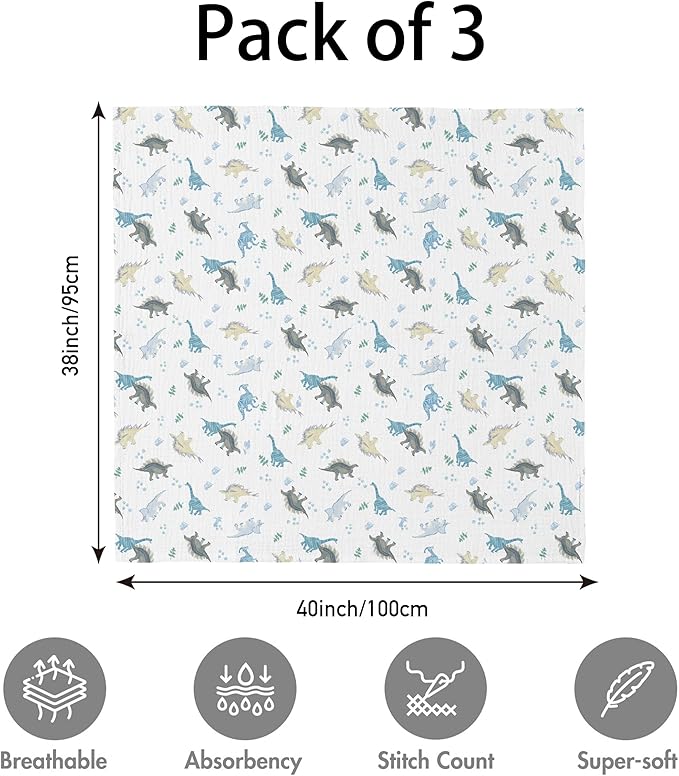 Muslin Swaddle Blankets for Newborn, 3 Pack Breathable Soft Receiving Blanket, Large 38 x 40 inches Swaddle Wrap Burping Clothes Diapers, Essentials Infant Shower Items, Toddler Gift (Blue Dinosaur)-BubblyBeeBaby
