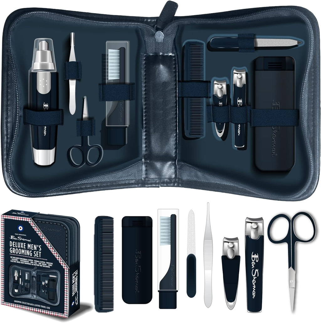Ben Sherman Nail Clipper Set for Men, 10 Pcs Deluxe Grooming Kit for Men - Includes Nail Clippers, Nose Hair Trimmer, Tooth Brush, Scissors and More. Men's Grooming Kit