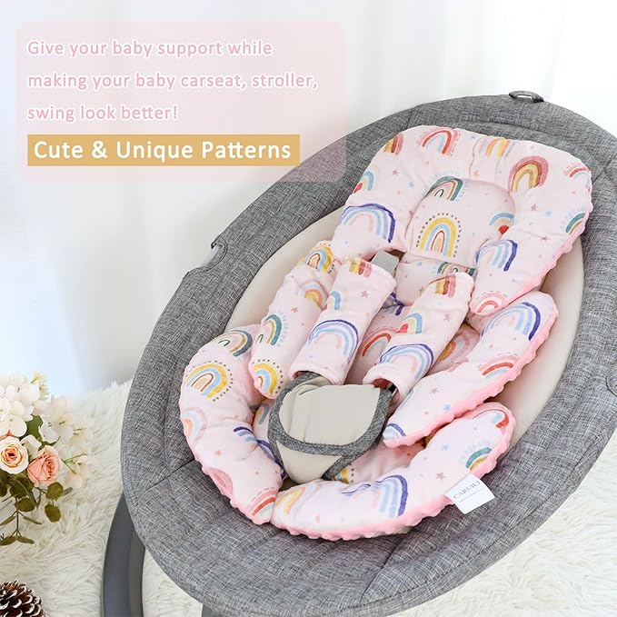 Infant Car Seat Insert, Car Seat Head Support Baby Girls Boys, Soft & Reversible Newborn Carseat Insert Cushion with 2 Strap Covers, for Stroller, Swing, Bouncer (Pink Rainbow)-BubblyBeeBaby