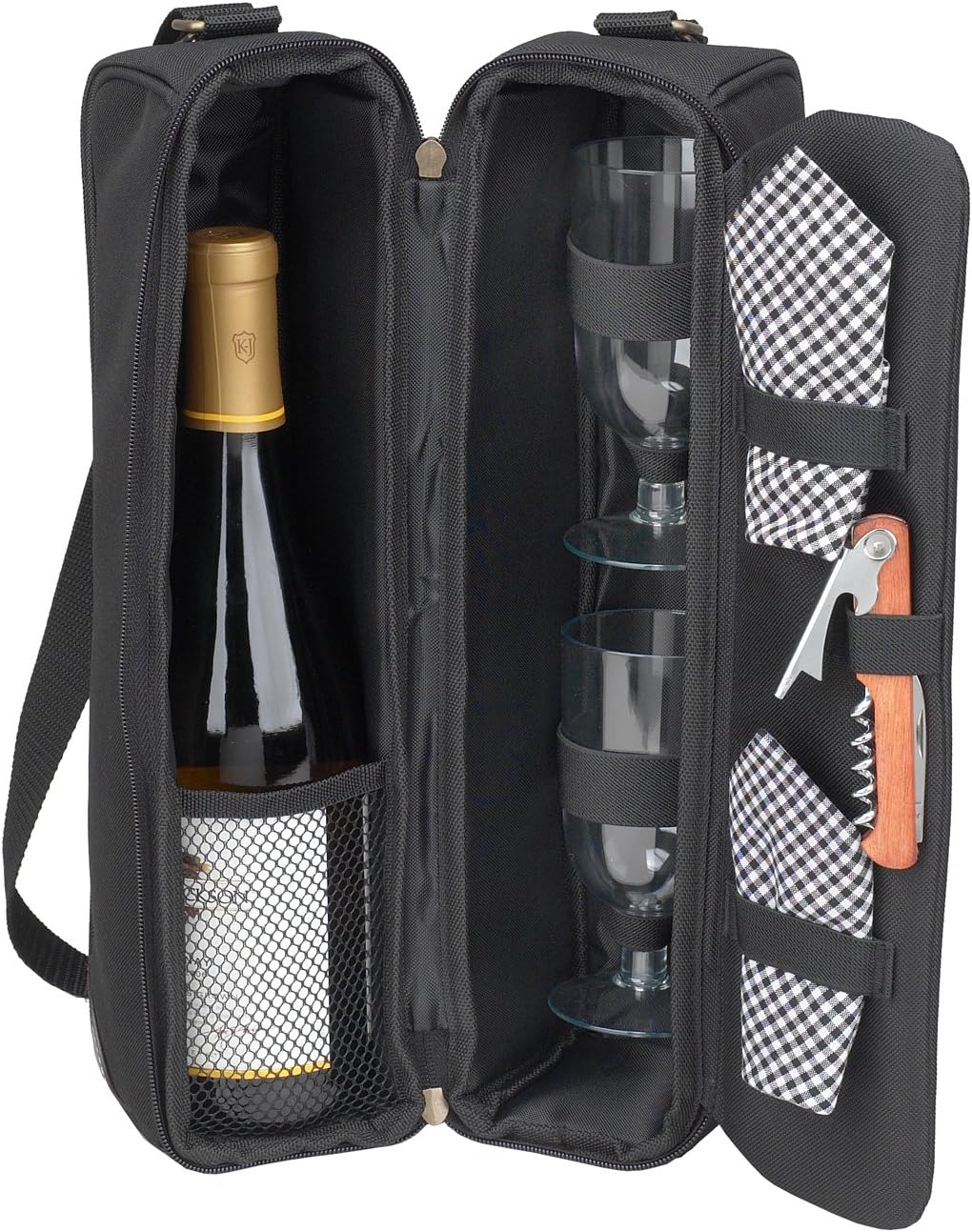 Picnic at Ascot Insulated Wine Tote with 2 Wine Glasses, Napkins and Corkscrew -Designed & Assembled in the USA