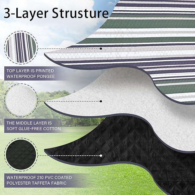 HX&OD Outdoor Picnic Blanket Extra Large, 80''*60'' Waterproof Picnic Mat with Stakes Foldable Camping Blanket Portable with Carry Strap for Beach Mat (Green& White, 80''*60'')-BubblyBeeBaby