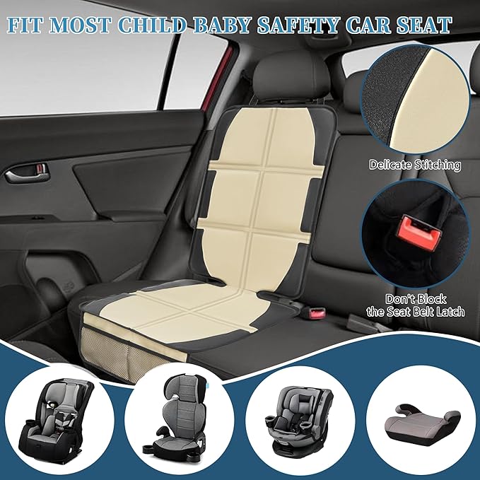 Car Seat Protector for Child Car Seat, 2 Pack Baby Car Seat Covers with Mesh Pockets & Non-Slip Backing 600D Durable Seat Protector Under Baby Car Seat for Car Back Seat (Beige, Large)-BubblyBeeBaby