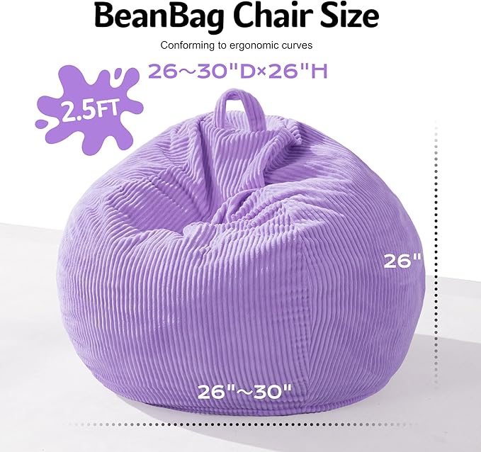 Homguava 2FT Bean Bag Chair,Teardrop Bean Bags Small Beanbag Chair with Memory Foam Filled and Ultra Soft Corduroy Cover for Living Room, Bedroom (Small,Purple)-BubblyBeeBaby