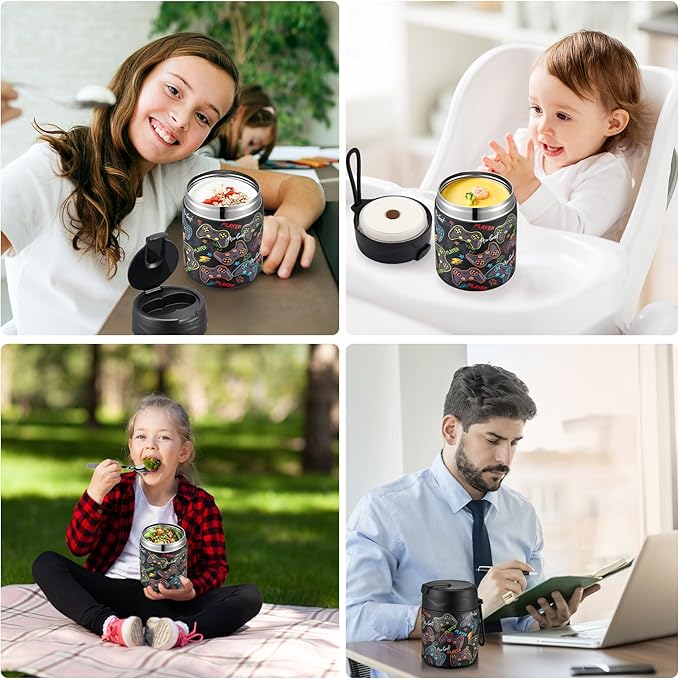 17oz Soup Thermo for Hot Food Kids,Insulated Food Jar with Spoon,Thermo Hot Food Lunch Container,Wide Mouth Leakproof Stainless Steel Lunch Box for School-Black Game-BubblyBeeBaby