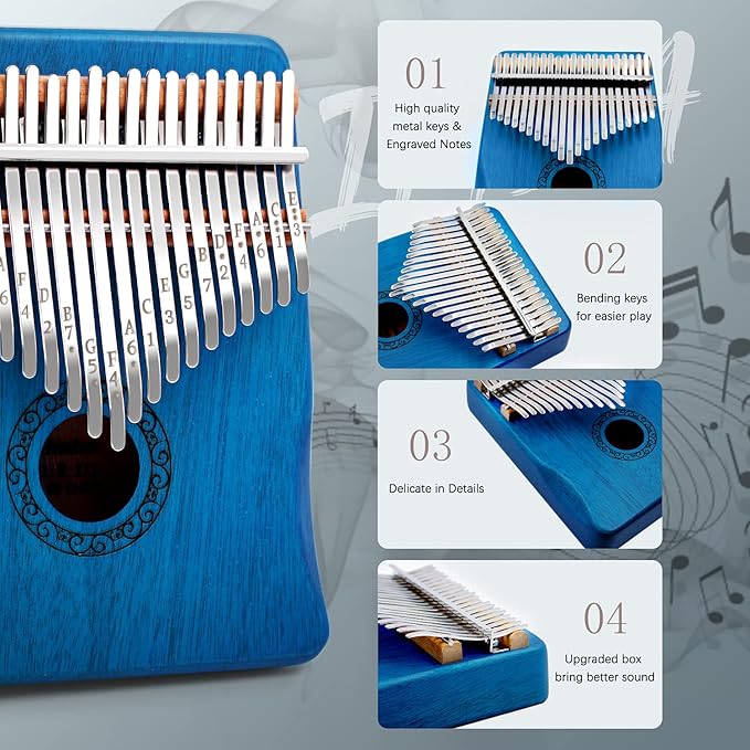 Kalimba Thumb Piano,YUNDIE Portable 21 Keys Mbira Finger Piano with Tune Hammer and Study Instruction,Musical Instruments Gift for Kid Adult Beginners Professional(Blue)-BubblyBeeBaby
