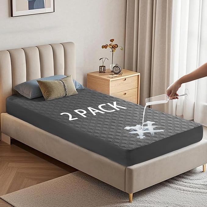 2 Pack Waterproof Mattress Protector, Twin XL Size Mattress Pad with Deep Pocket 6"-15" Depth, Soft Breathable Dirt-Proof Single Bed Mattress Cover for Bedroom, Dorm Room (Gray)-BubblyBeeBaby
